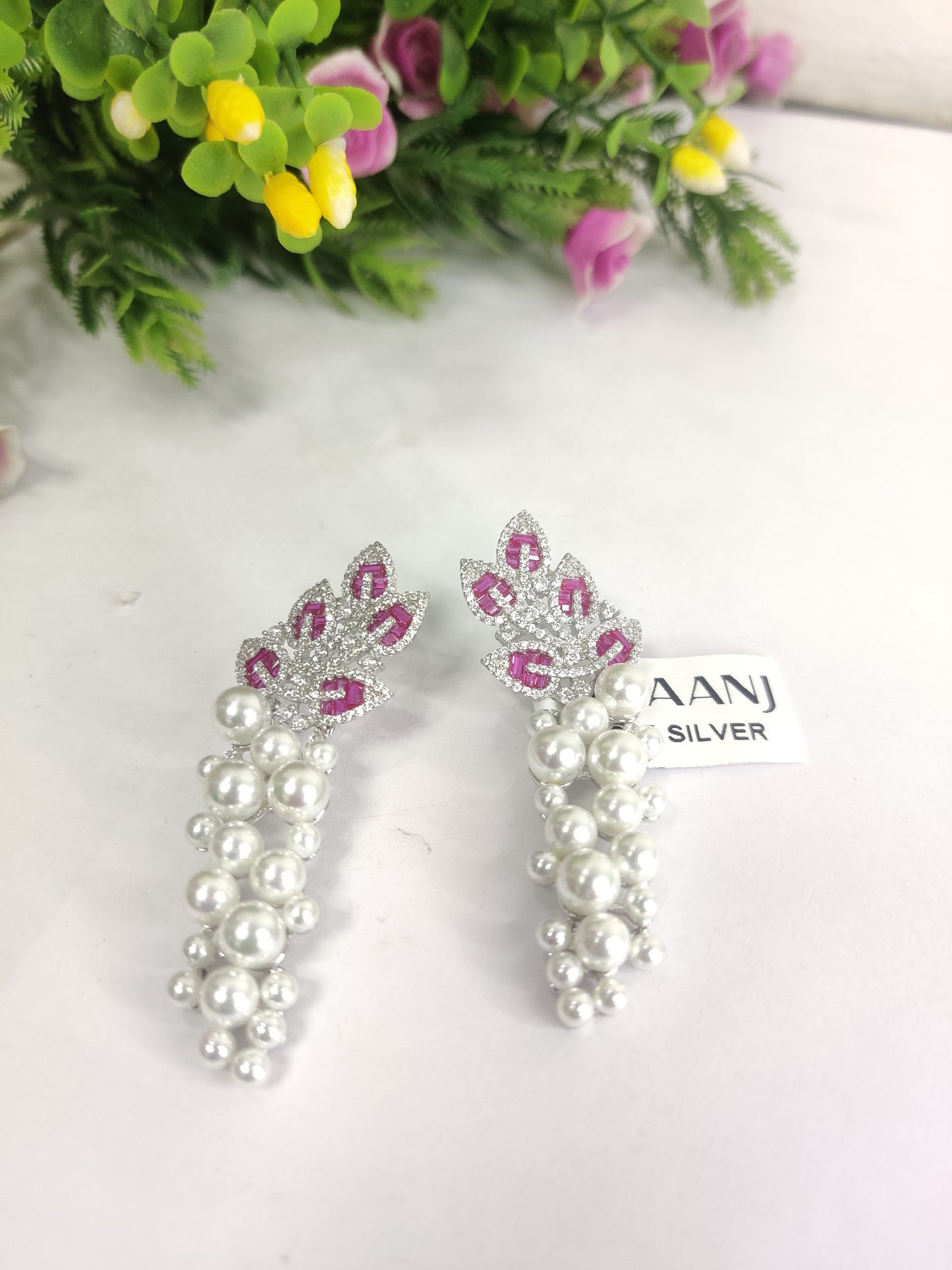 Pearls With Pink Diamond leaf Earring Sterling Silver