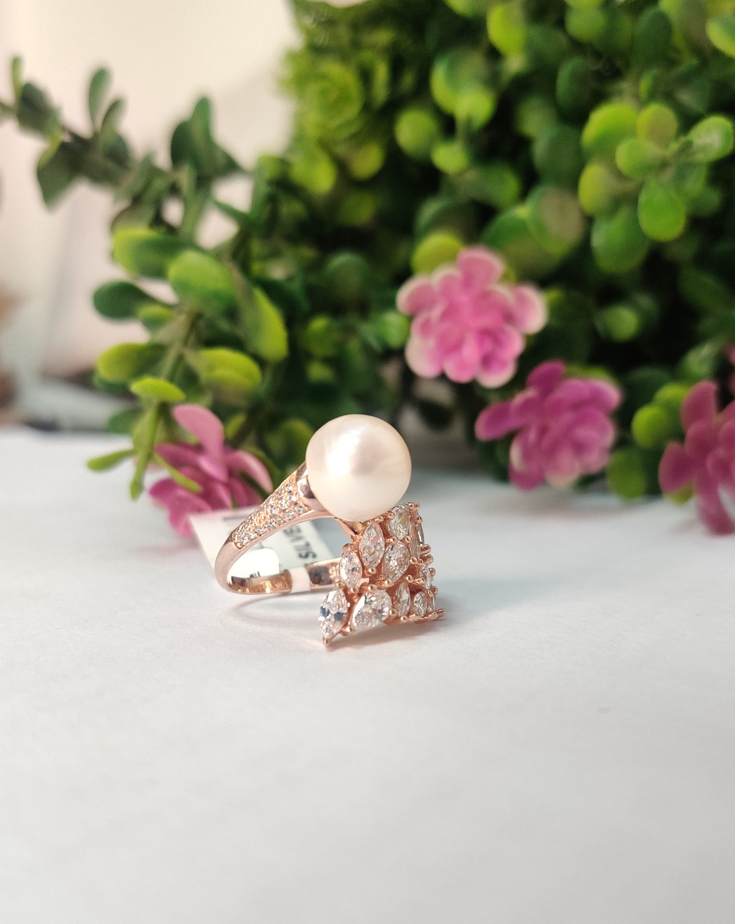 Rose Gold Angel Wings with Diamond & Pearls Sterling 925- Silver Ring