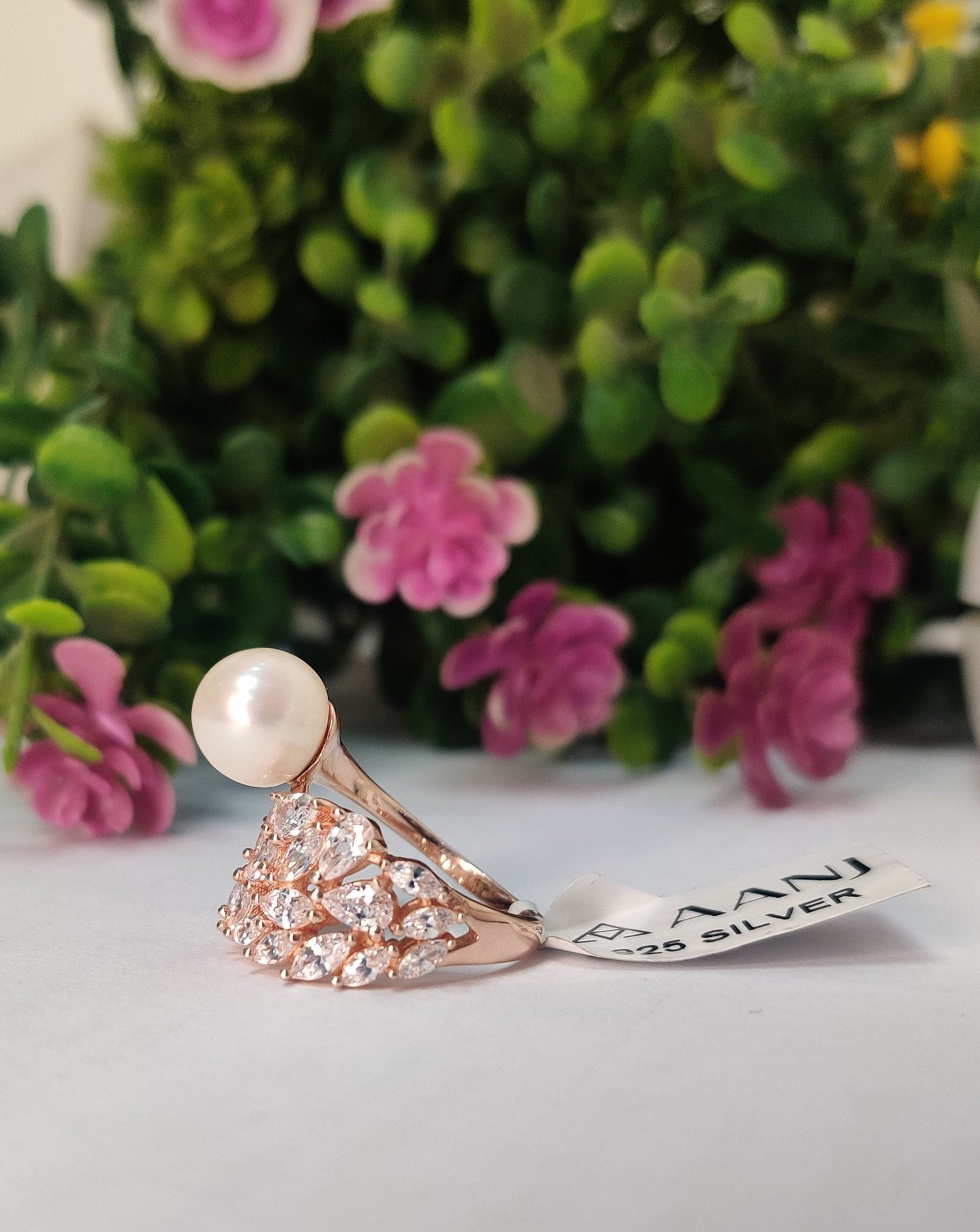 Rose Gold Angel Wings with Diamond & Pearls Sterling 925- Silver Ring