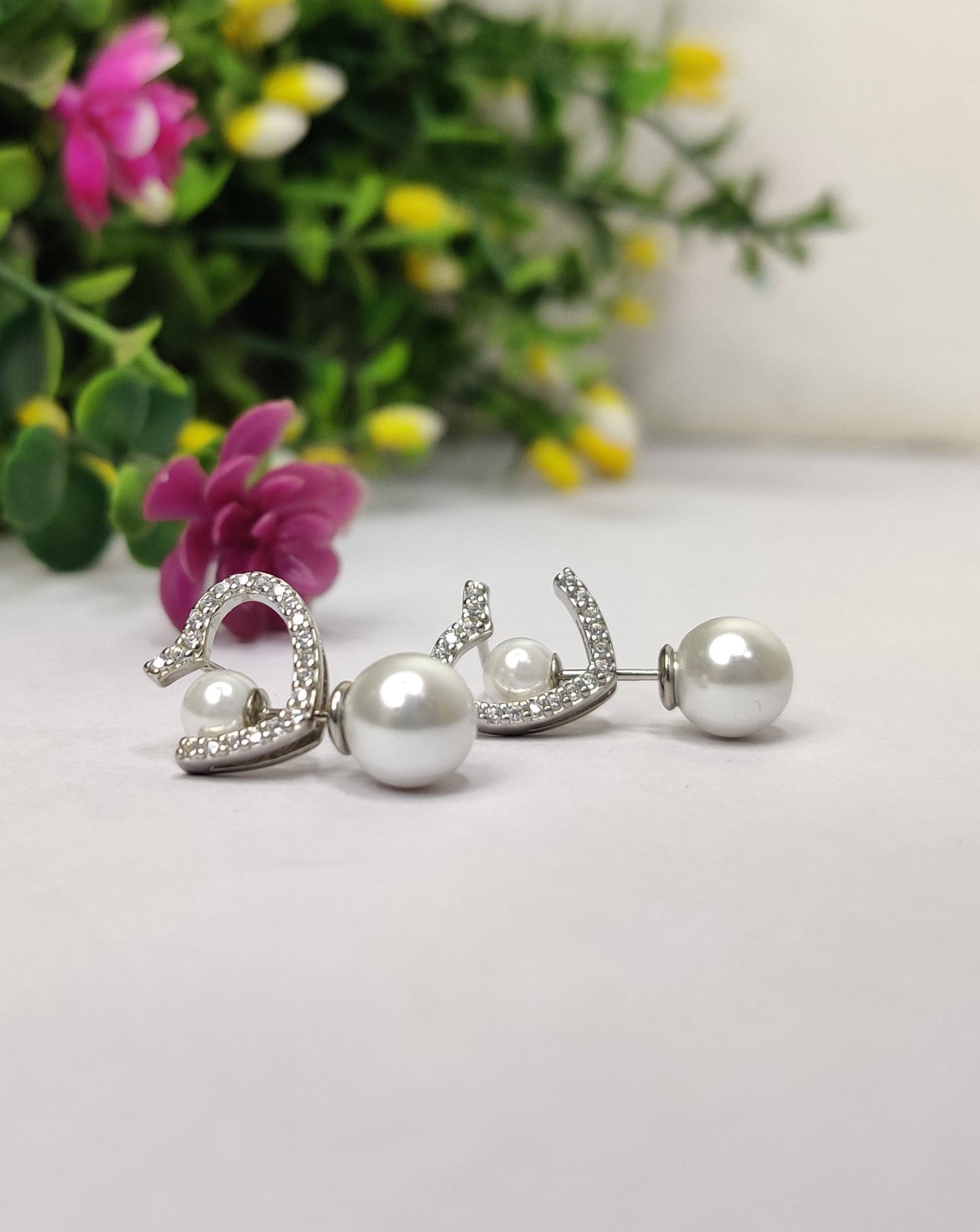 Heart Stud Pearl with diamond Sterling Silver 925-Earring