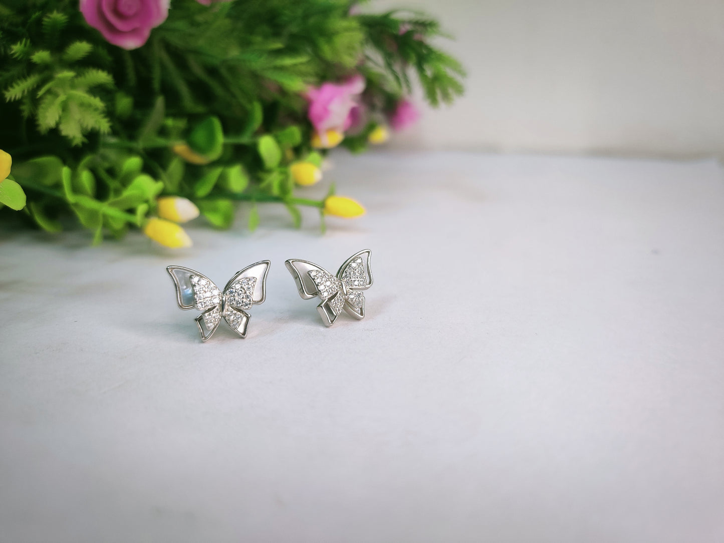 Silver Butterfly Stud Earring With Cubic Zirconia Stones Sterling Silver 925-Earring