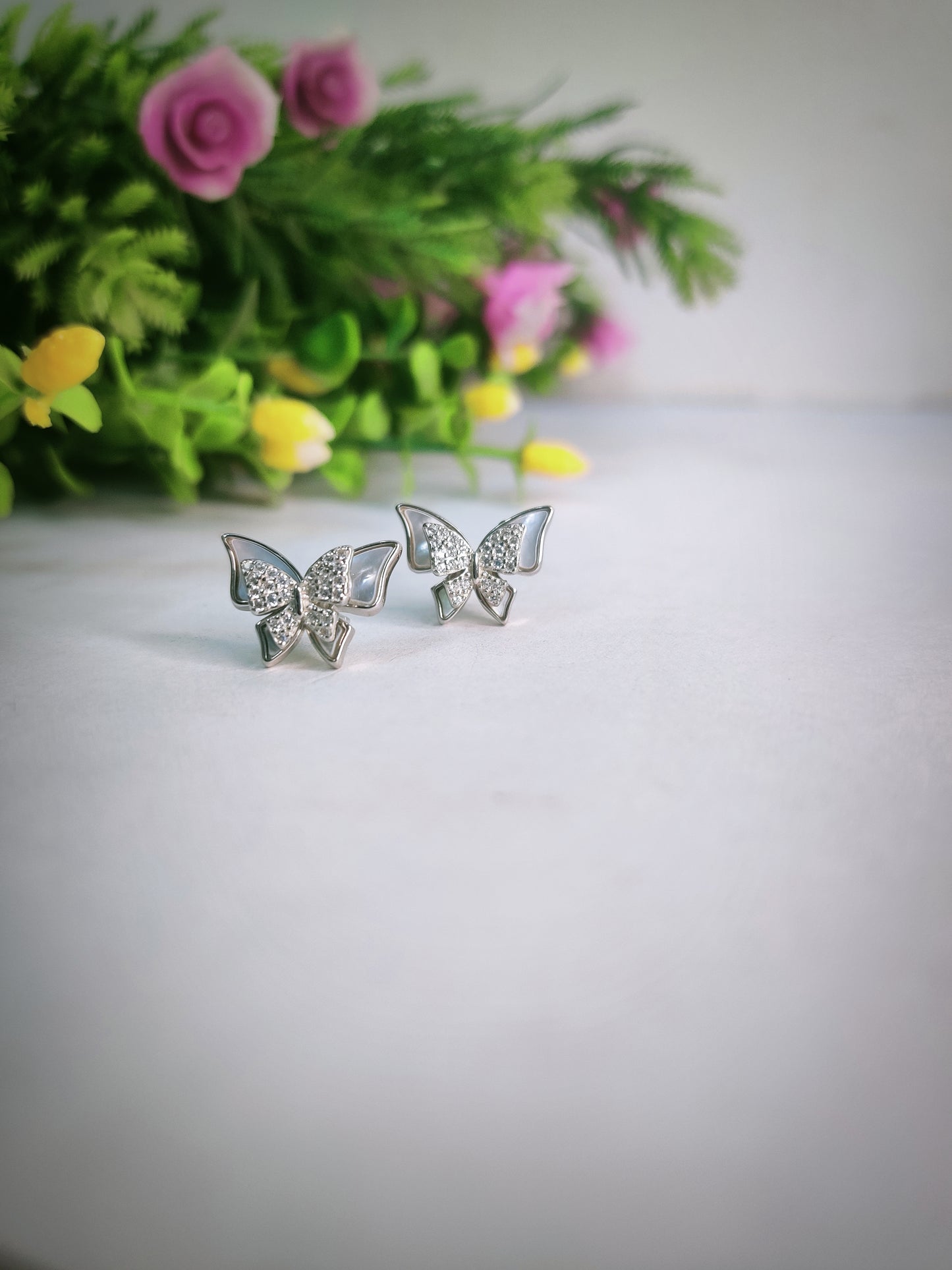 Silver Butterfly Stud Earring With Cubic Zirconia Stones Sterling Silver 925-Earring