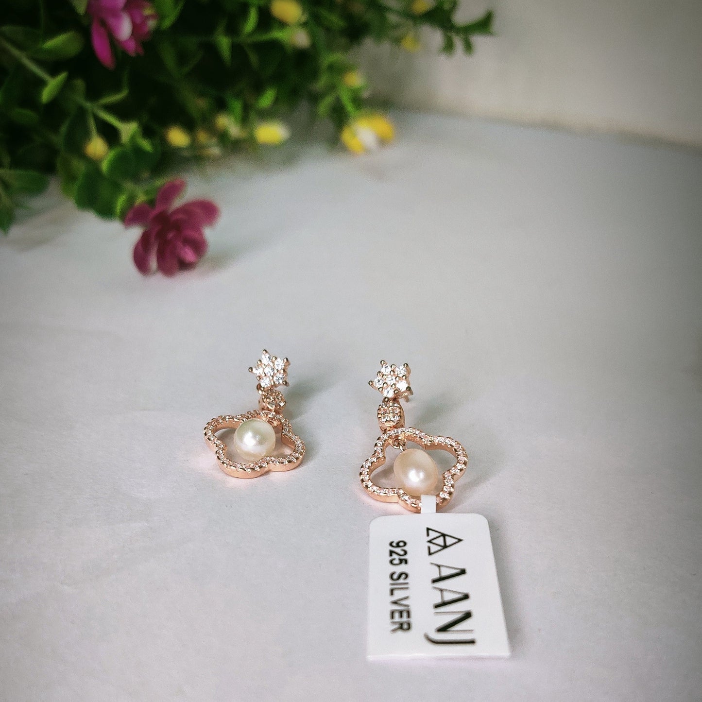 Rose Gold Clover Diamond with Pearl Sterling Silver 925-Earring