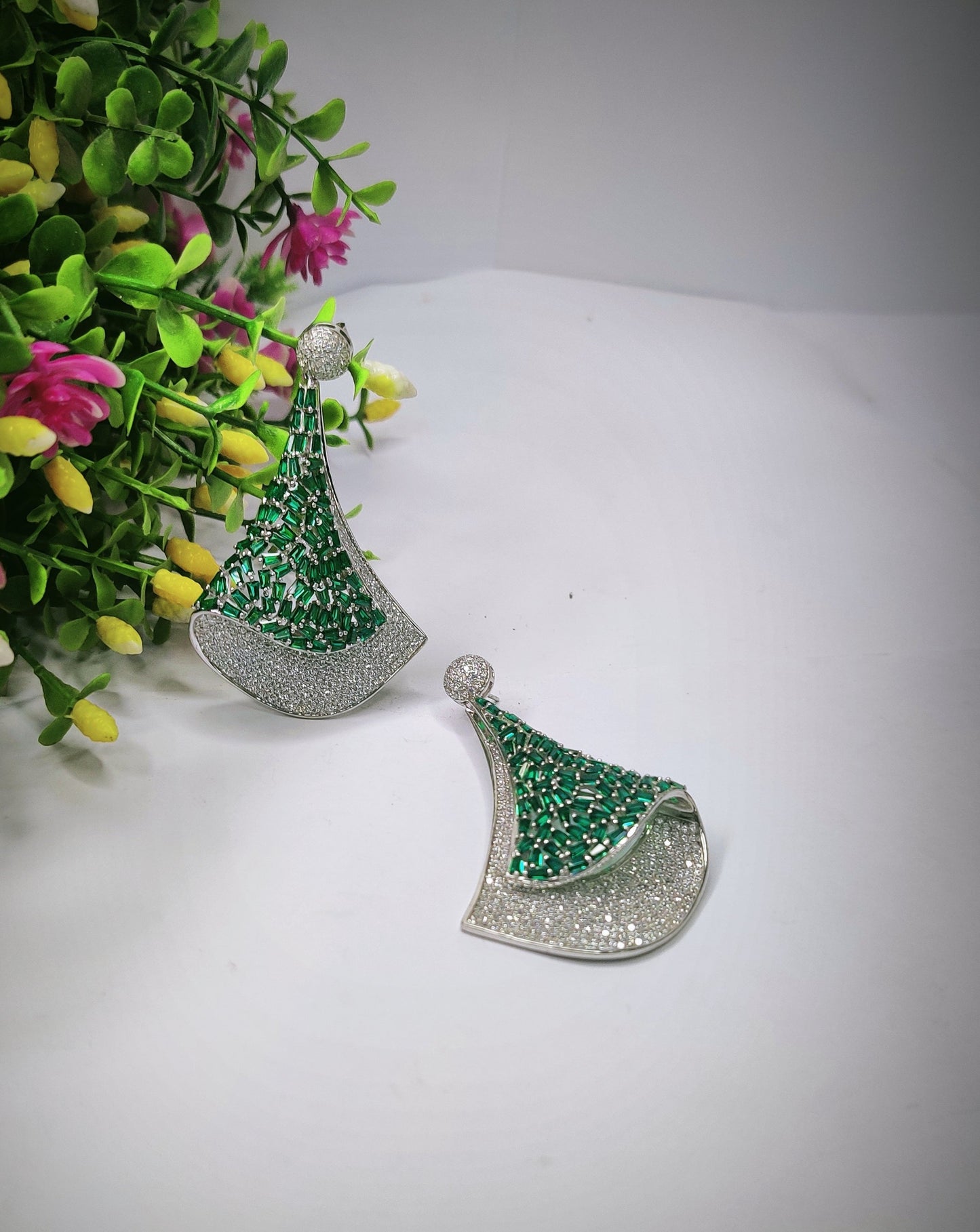 Green & white Diamond Jhumka Sterling Silver 925-Earring