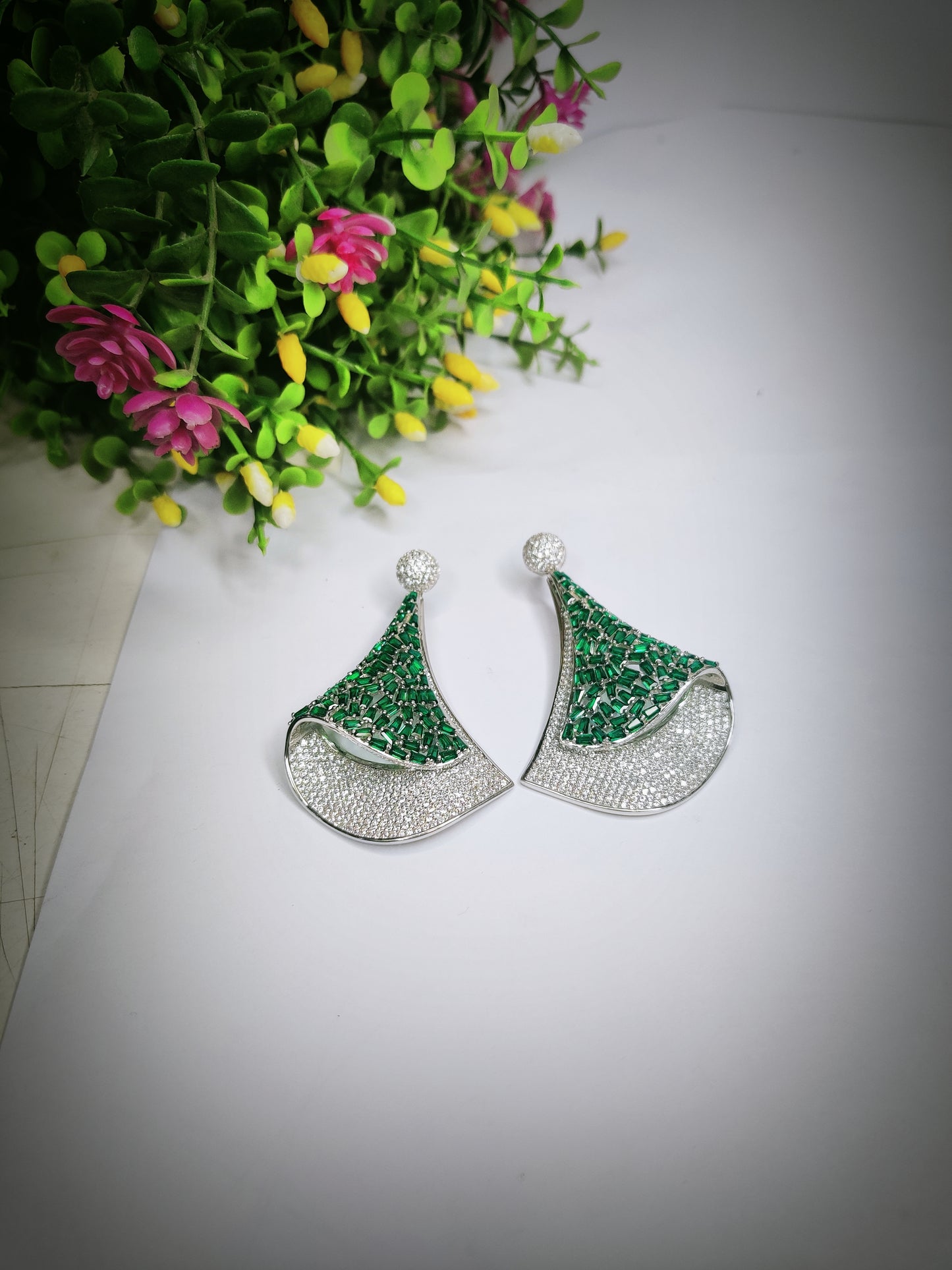 Green & white Diamond Jhumka Sterling Silver 925-Earring