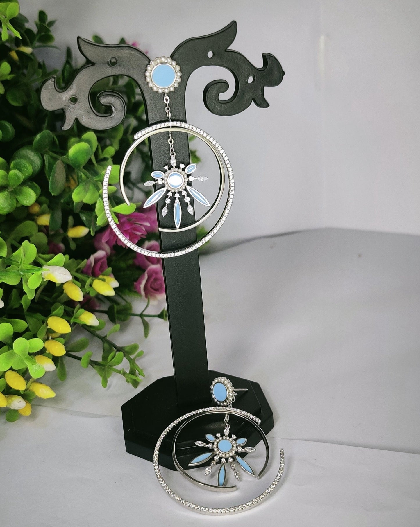 Sterling Silver Double Circle with Blue flower -925 Earring