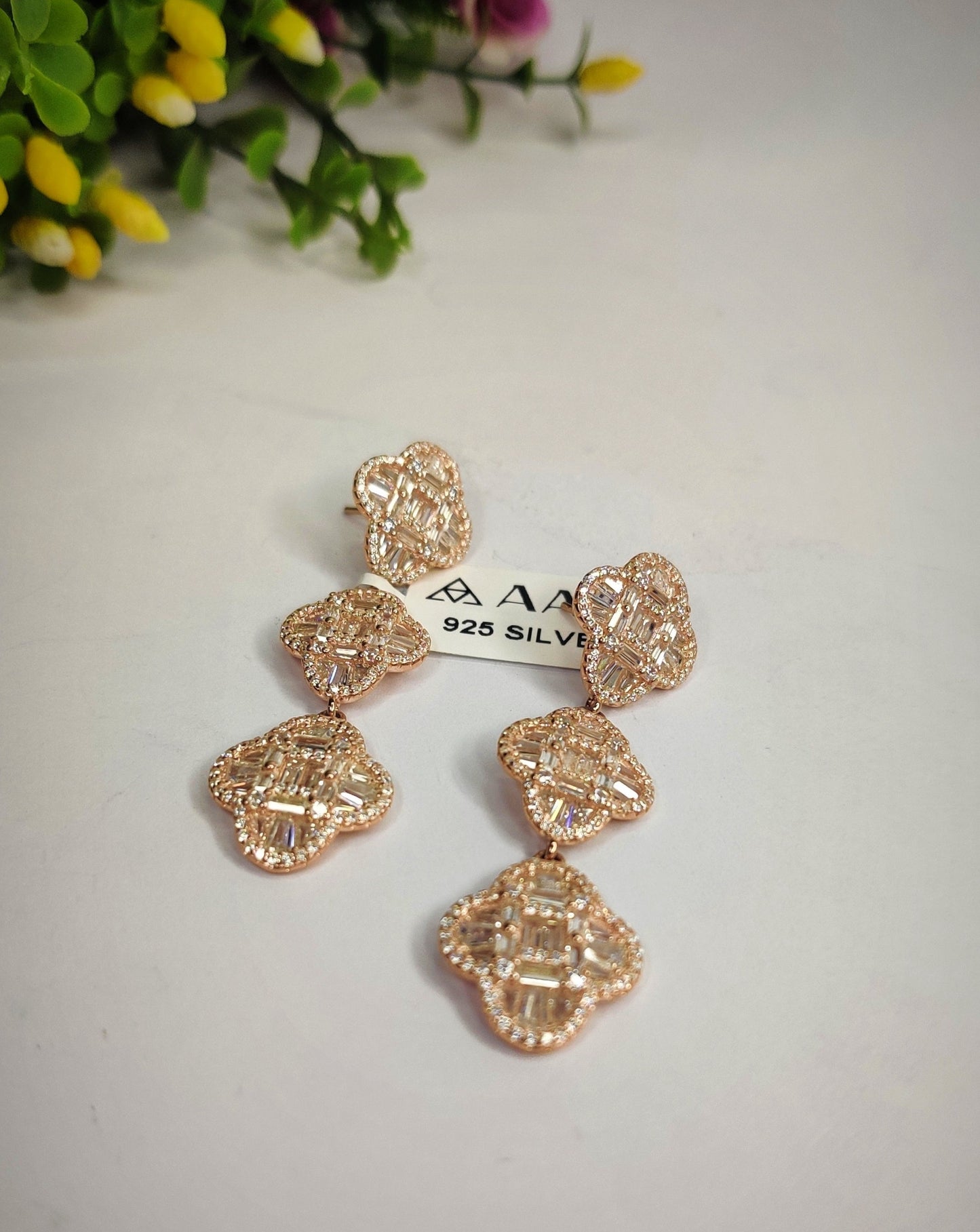 Diamond Clover Stud Earrings in Rose Gold Sterling Silver 925-Earring