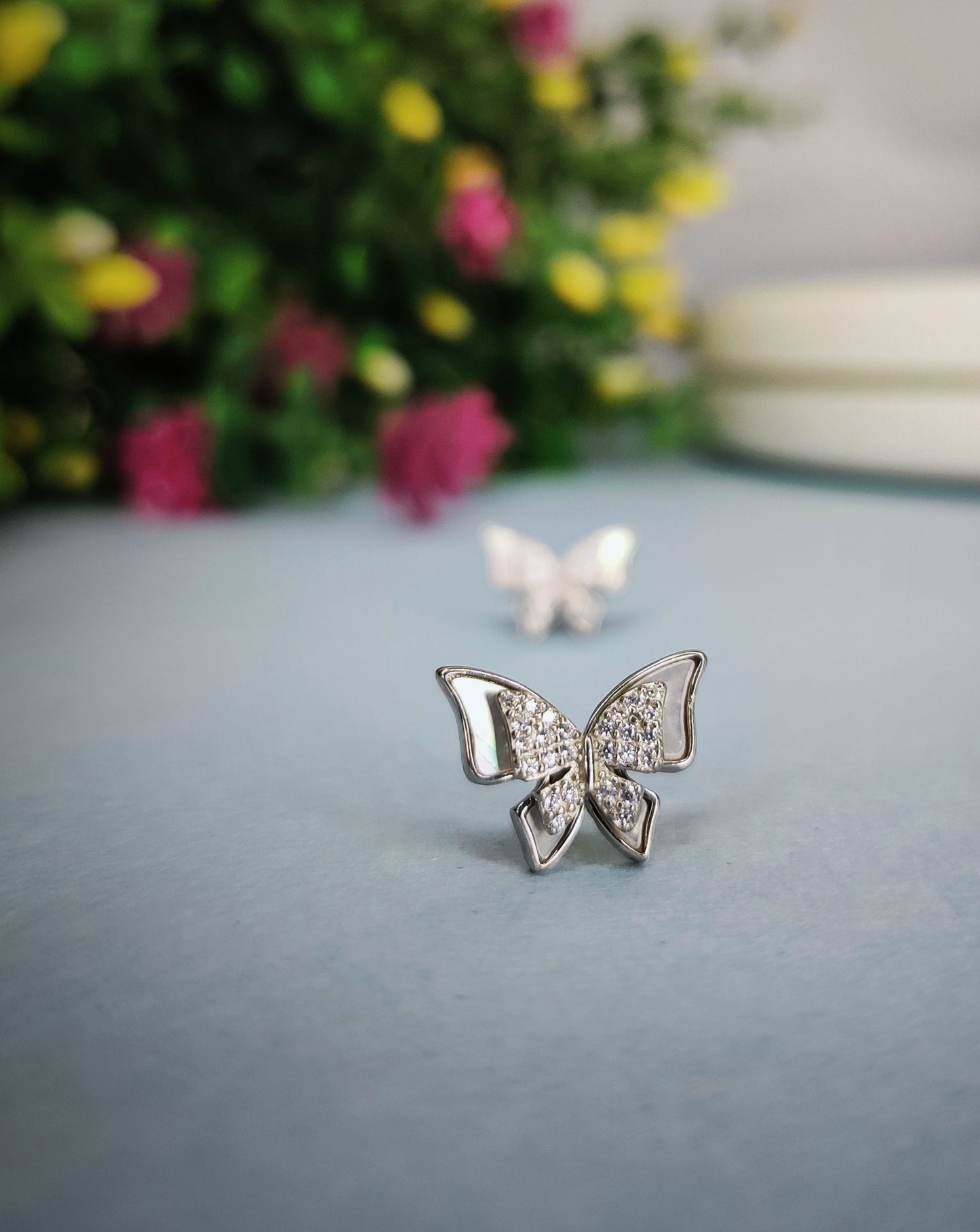 Silver Butterfly Stud Earring With Cubic Zirconia Stones Sterling Silver 925-Earring