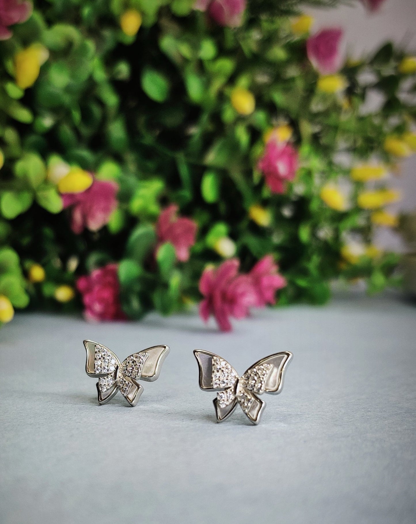 Silver Butterfly Stud Earring With Cubic Zirconia Stones Sterling Silver 925-Earring