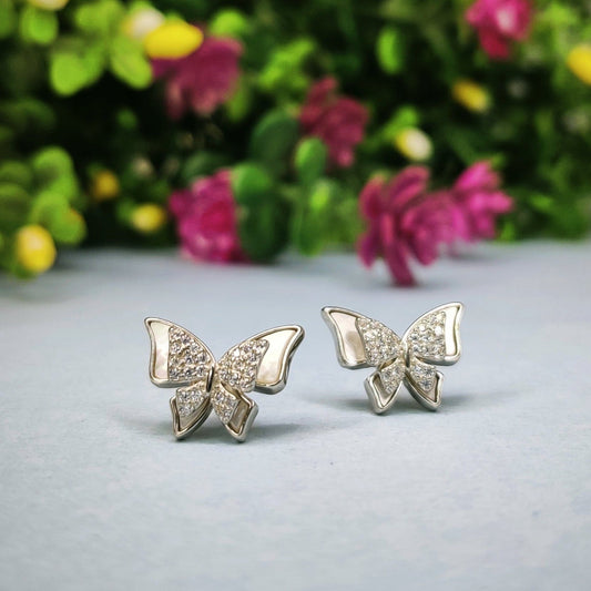 Silver Butterfly Stud Earring With Cubic Zirconia Stones Sterling Silver 925-Earring