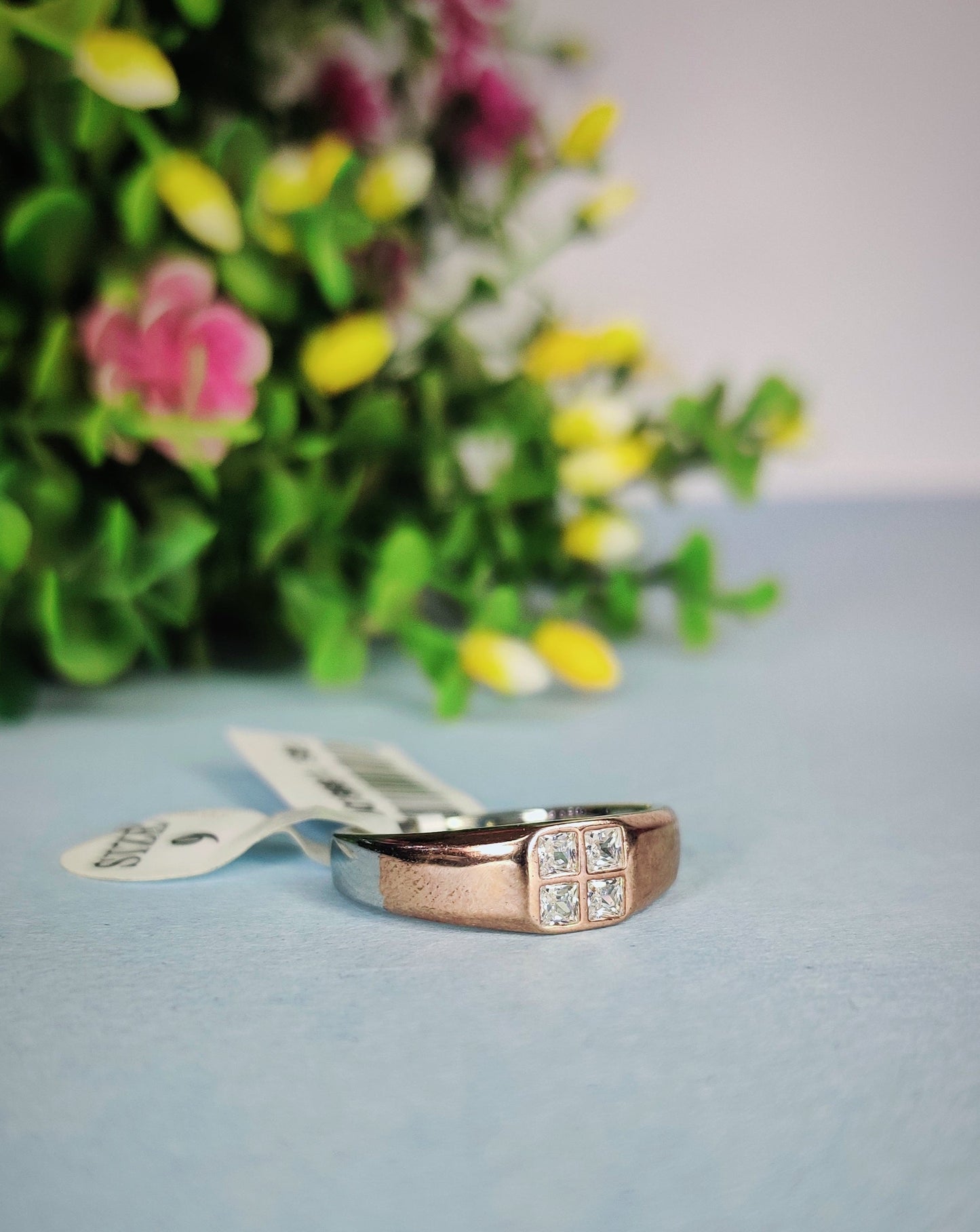 Square Diamond With Rose Gold And Silver Sterling 925- Silver Ring
