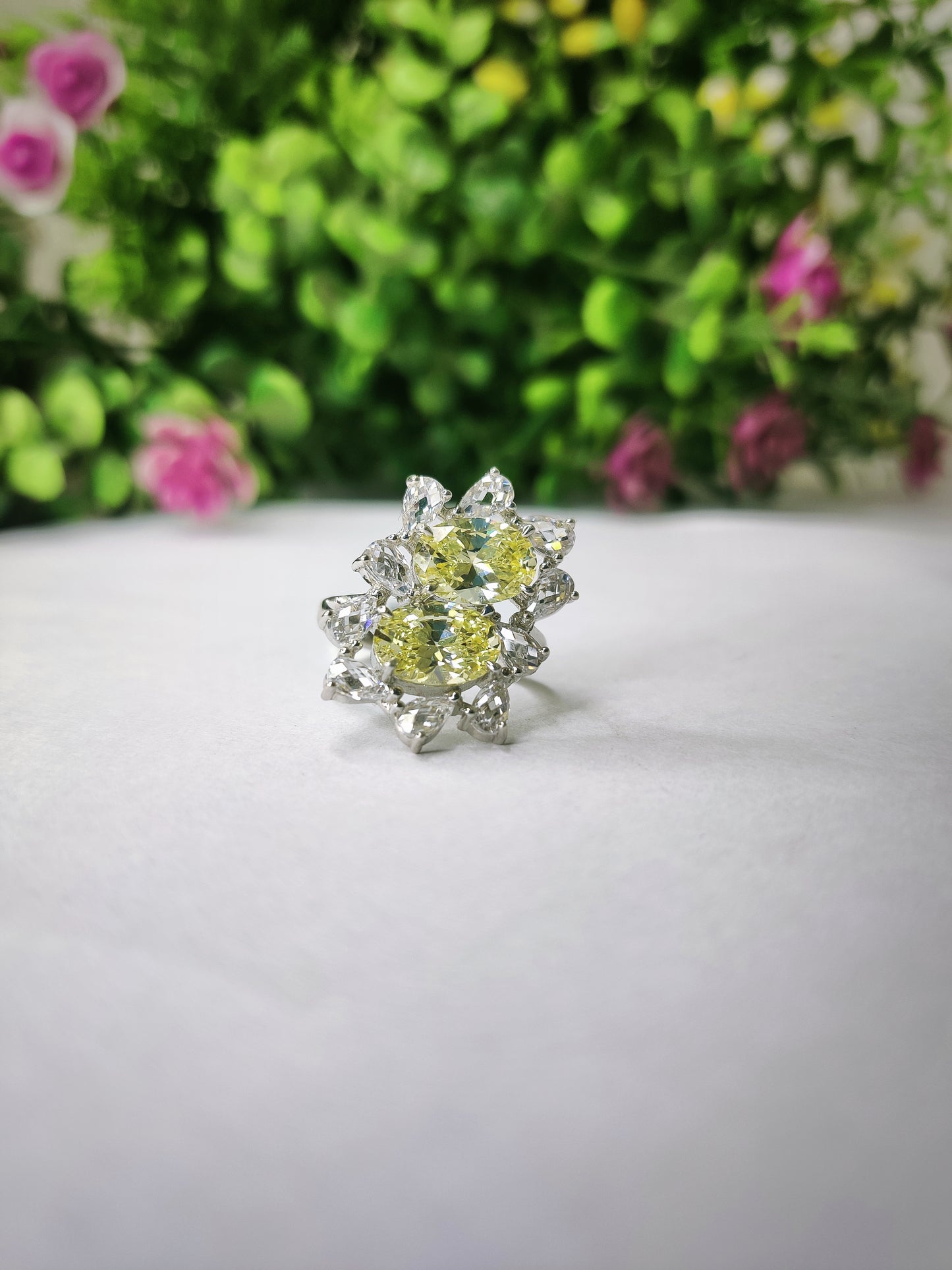 Natural Fancy Intense Yellow Diamond Flower Sterling Silver 925