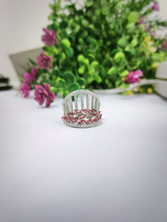 Cubic Zirconia Crown Décor With Pink And White Diamond Sterling 925- Silver Ring