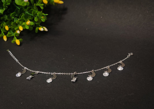 Sterling 925- Silver Bracelet With Diamond Stud Moon Dangler