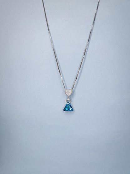 Triangle Blue Stone Pendant with White Diamond Heart Necklace With Sterling 925 Silver Chain