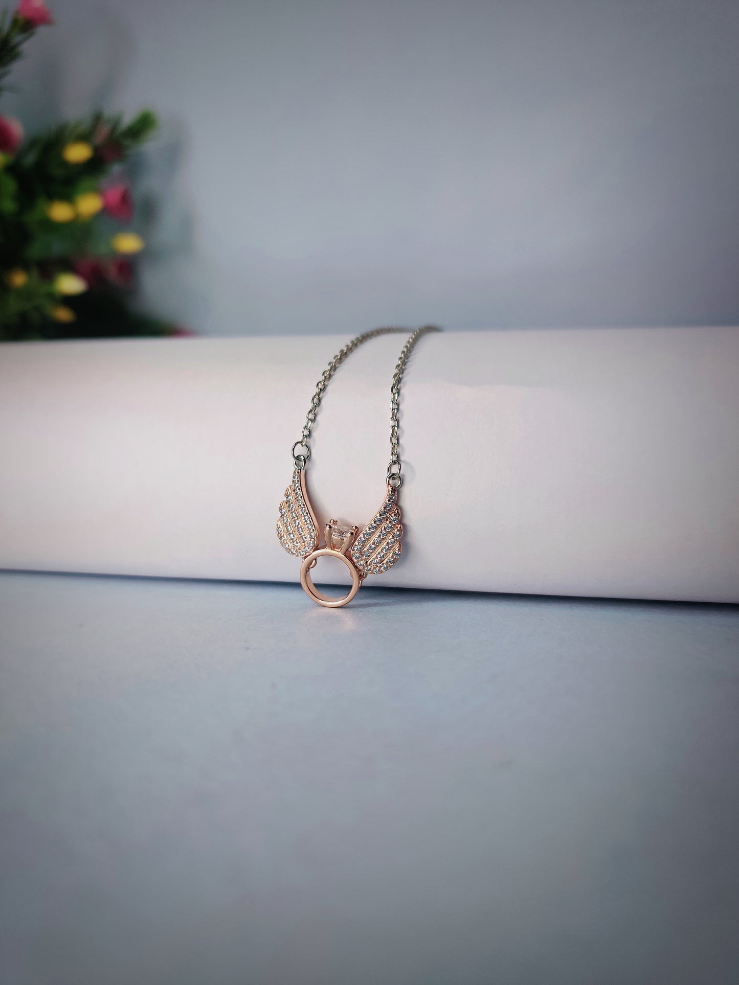 Angel wings Rose Gold Pendent With Sterling Silver 925 Chain With Zircon Diamond