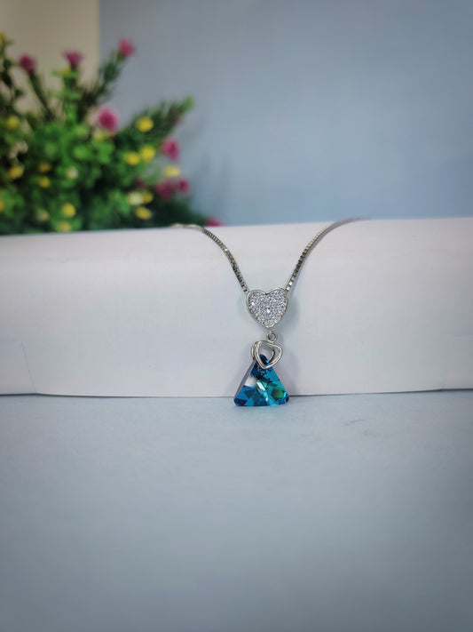 Triangle Blue Stone Pendant with White Diamond Heart Necklace With Sterling 925 Silver Chain