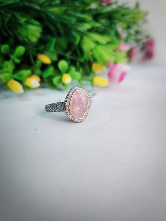 Rose Quartz with Diamond Sterling Silver Ring