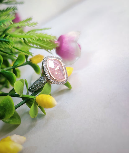 Rose Quartz with Diamond Sterling Silver Ring