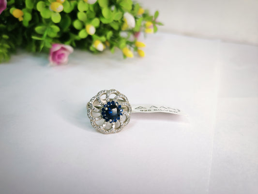 Blue Sapphire Ring Halo Antique Dimond Flower Sterling Silver Ring