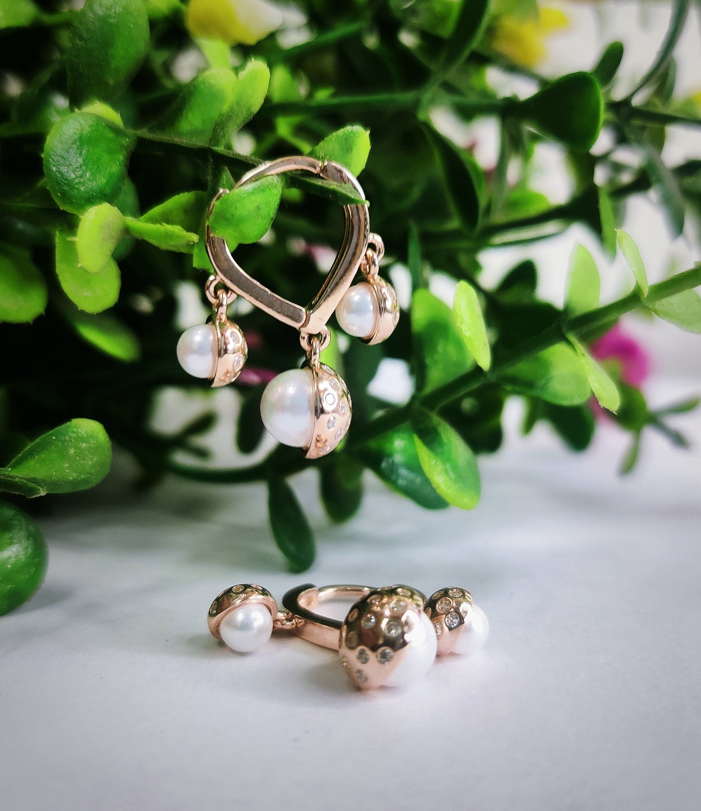 Rose Gold Pearls with diamond Sterling Silver Earrings