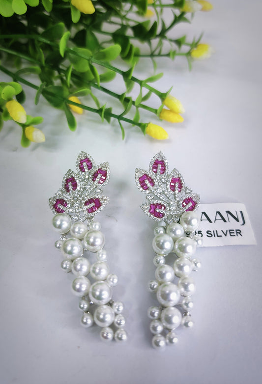 Pearls With Pink Diamond leaf Earring Sterling Silver